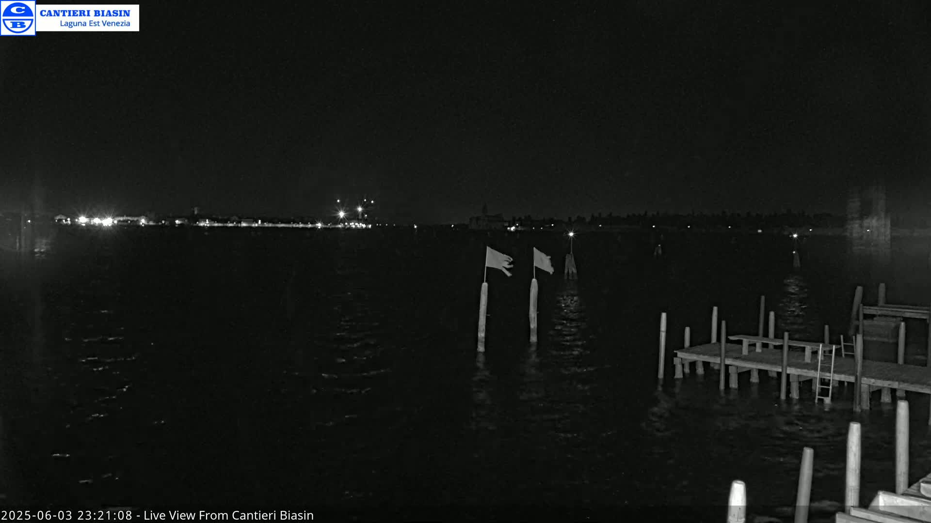 A nighttime view of a dark body of water with a distant shoreline of lights, two flags on poles in the water, and a wooden dock in the foreground.
