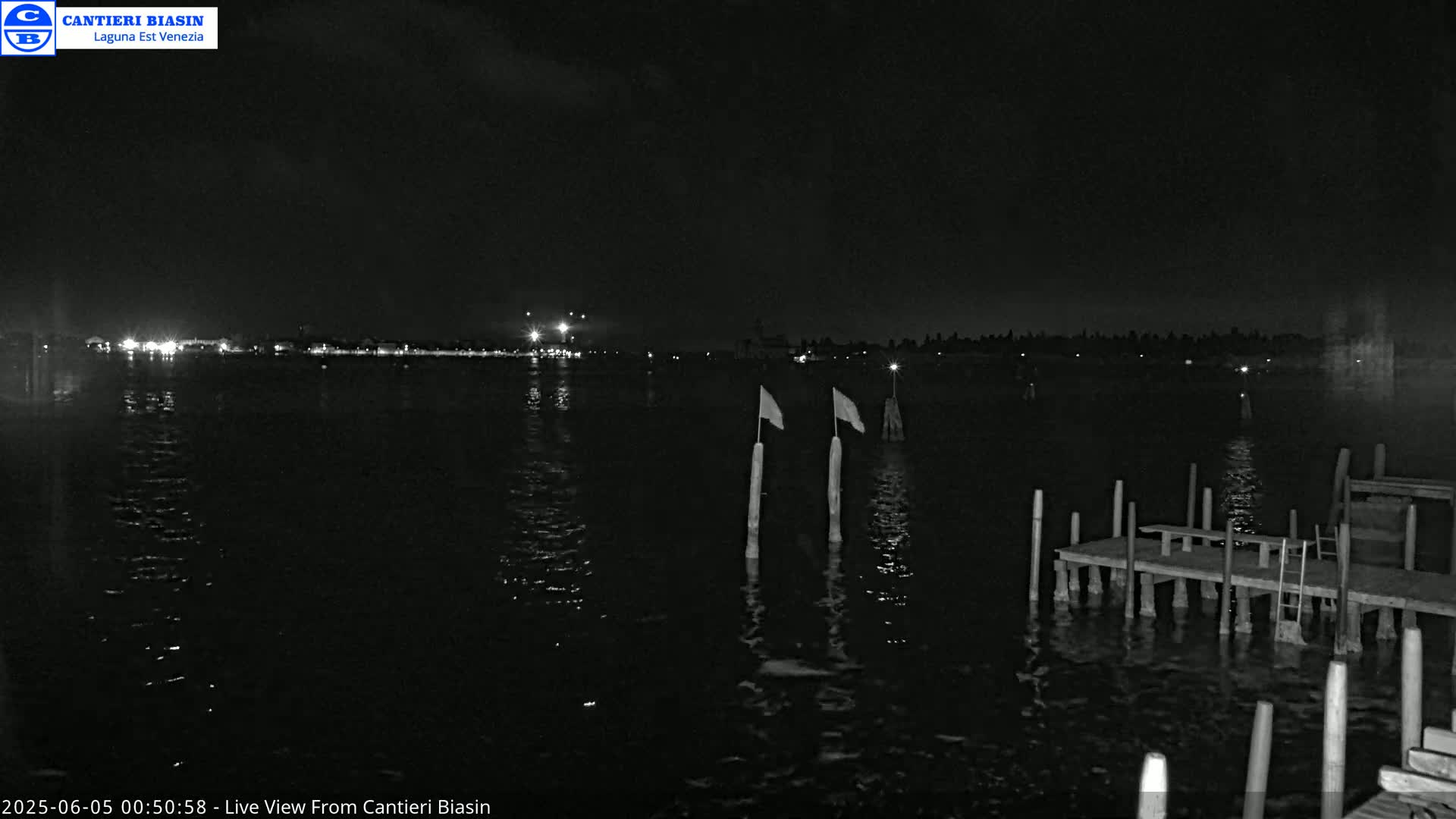 A nighttime view of a calm body of water with a distant shoreline faintly illuminated, two flagged posts in the foreground, and a wooden dock structure to the right.