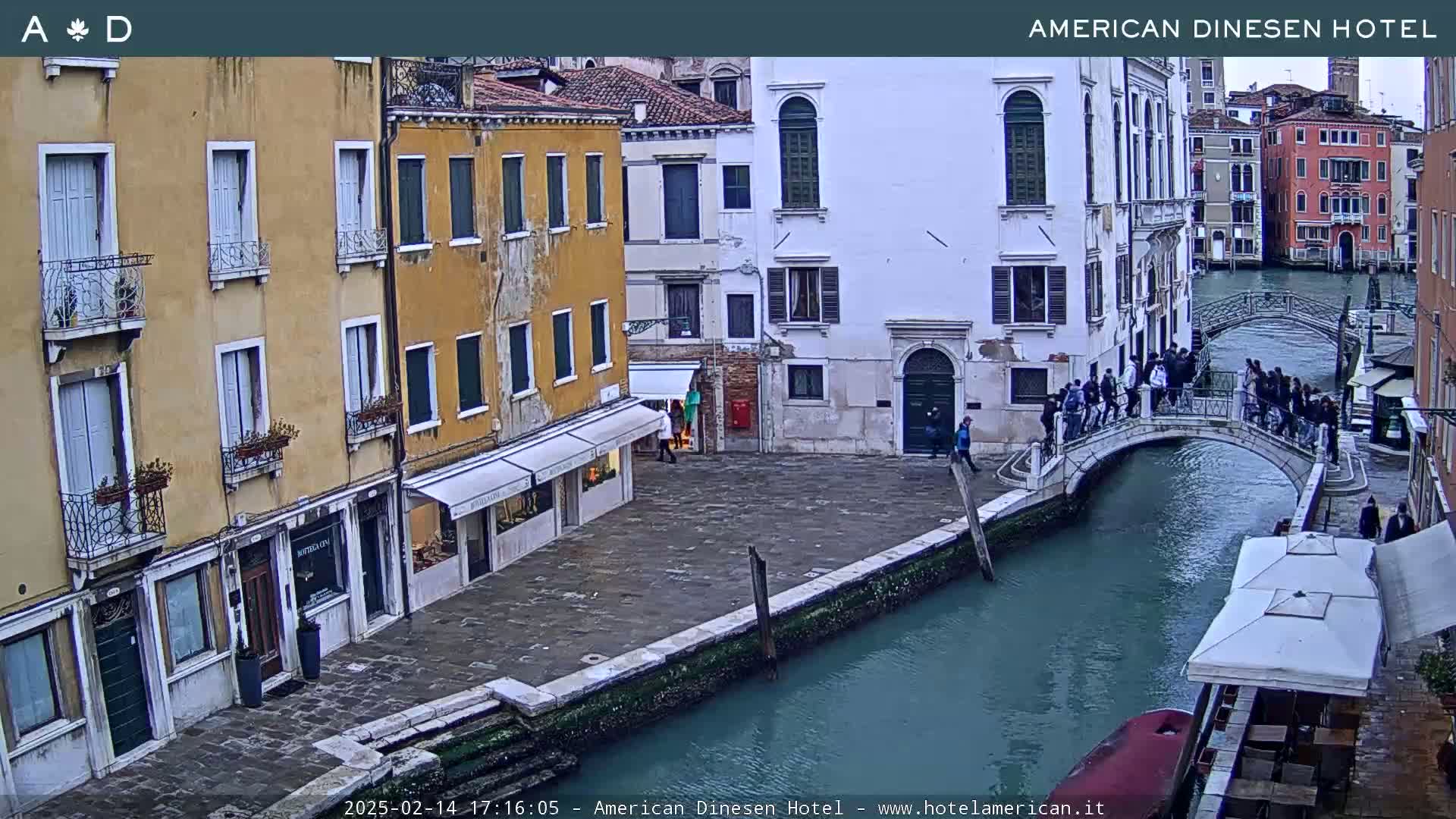 A canal in Venice, Italy, shows several people walking across a bridge on an overcast day.