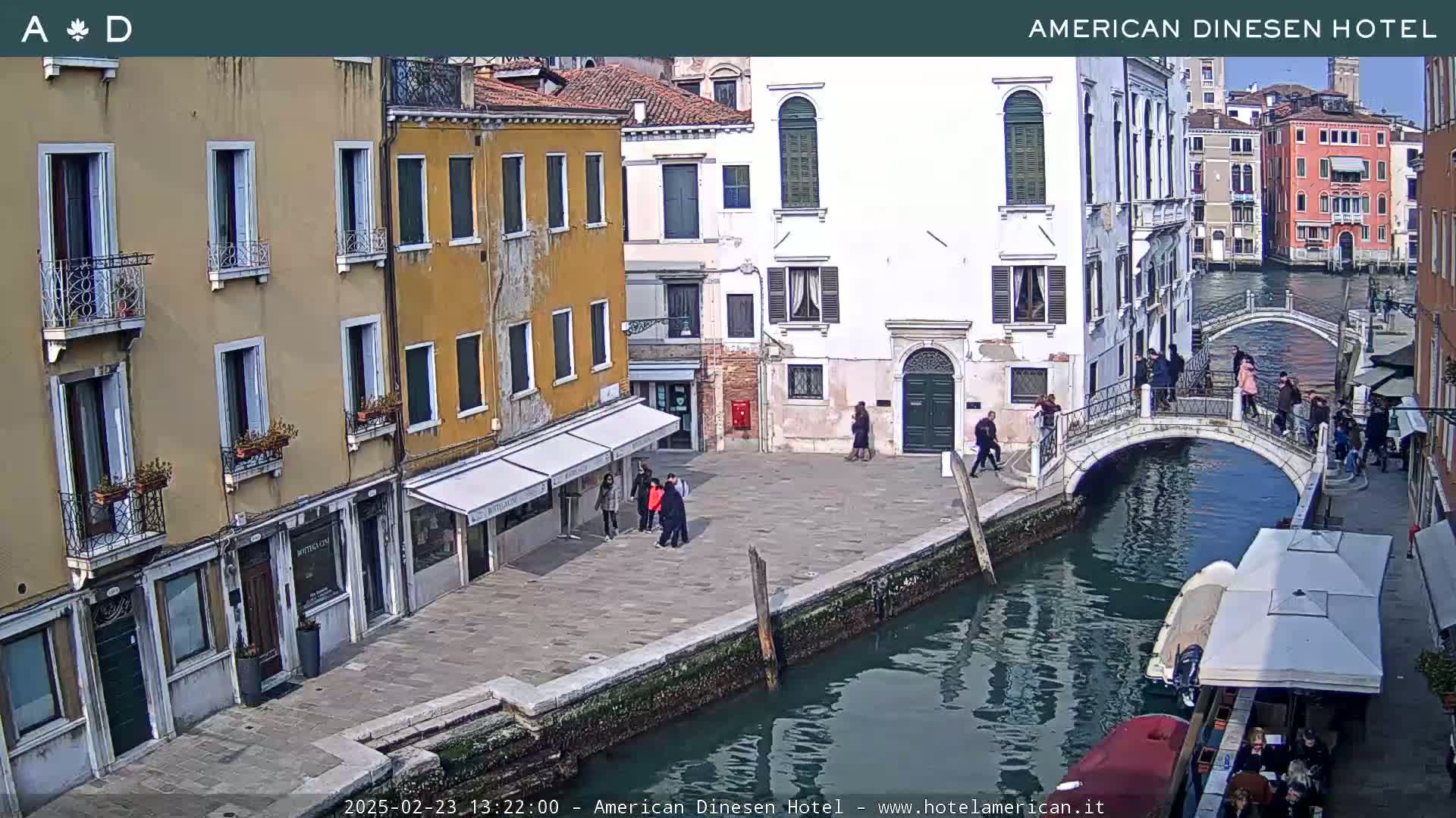 A sunny day in Venice shows a canal with a small bridge, several buildings along the waterway, and a few people walking on the sidewalks and bridge.