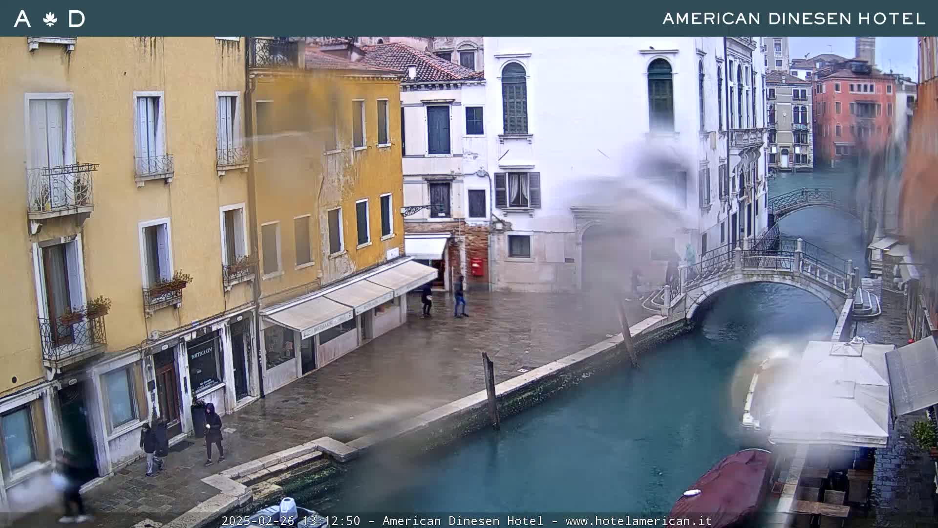 A rainy view of a canal in Venice, Italy, shows several buildings, pedestrians, and a bridge.