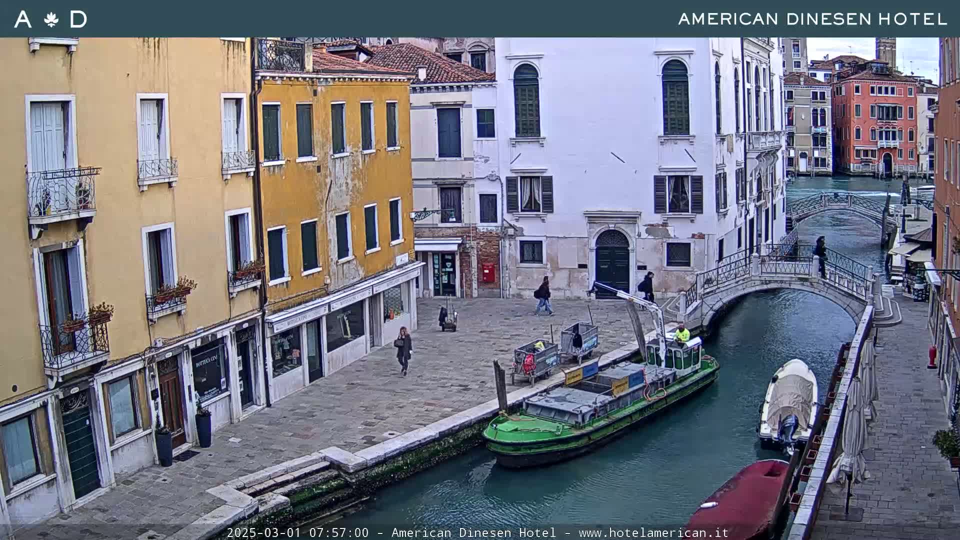 A canal in Venice, Italy, on an overcast day, shows several buildings lining the waterway, a small bridge, and a few pedestrians and a barge.