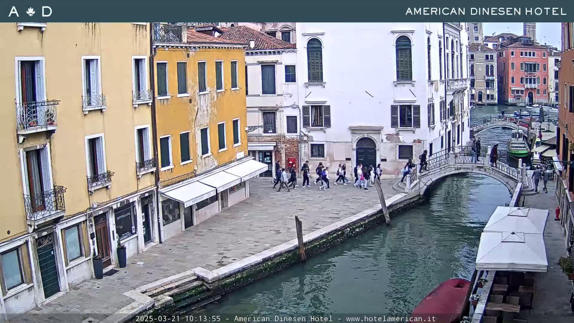 A canal in Venice, Italy, with several people walking along the waterfront and a bridge crossing the canal, under a cloudy sky.