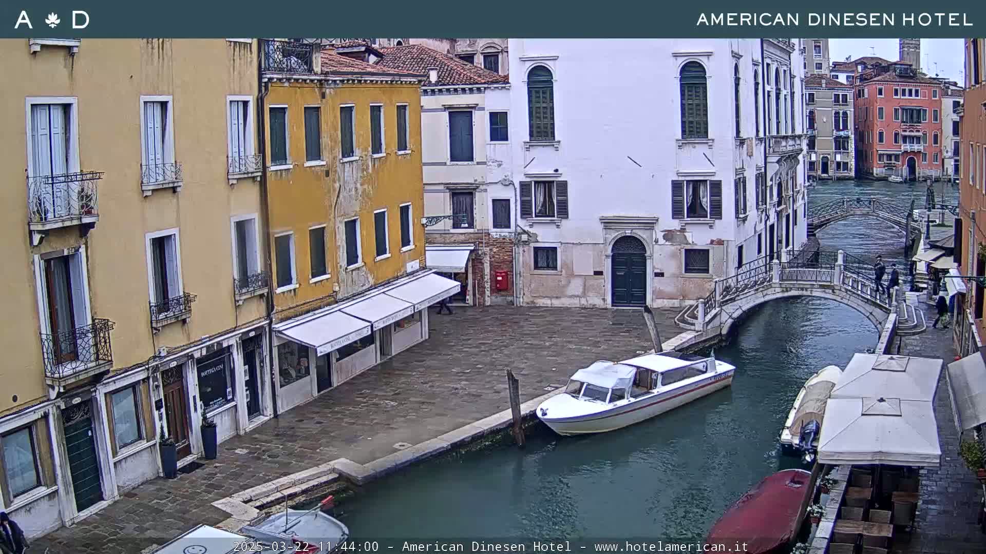 A canal in Venice, Italy, shows several buildings lining the waterway, a small motorboat, and an overcast sky.