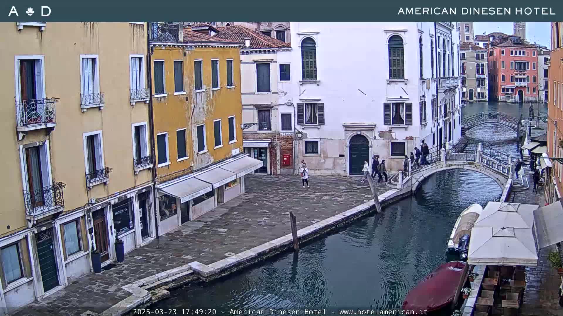 A canal in Venice, Italy, shows several buildings along its banks, a small bridge spanning the waterway, and a few people walking on the cobblestone streets.