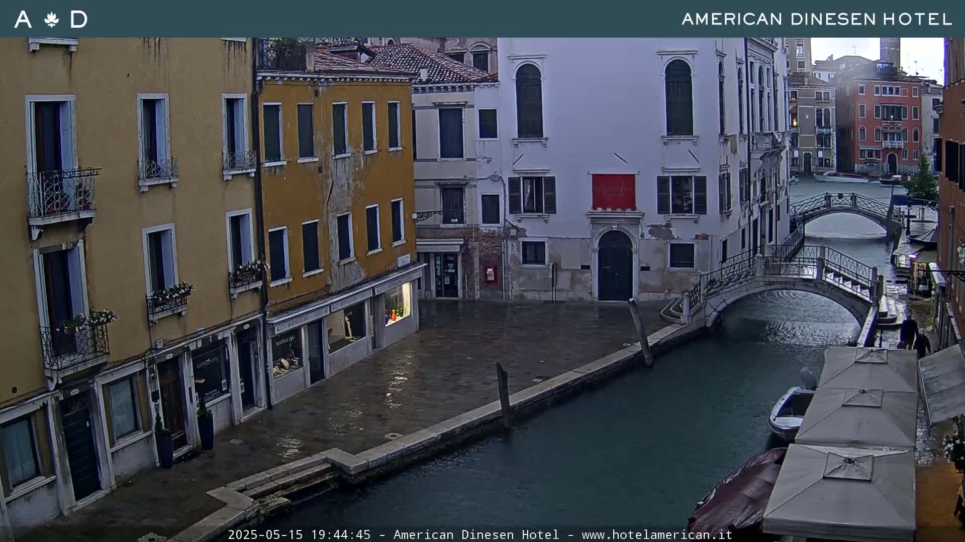 A view of a canal in Venice, Italy, on an overcast day, showing several buildings, a small bridge, and a boat.