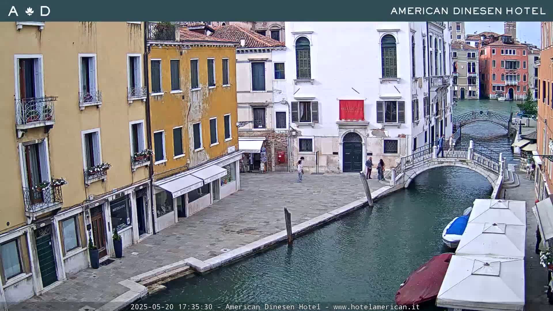 A canal in Venice, Italy, shows several buildings along its banks, a small bridge crossing the canal, and a few people walking near the water's edge under a partly cloudy sky.