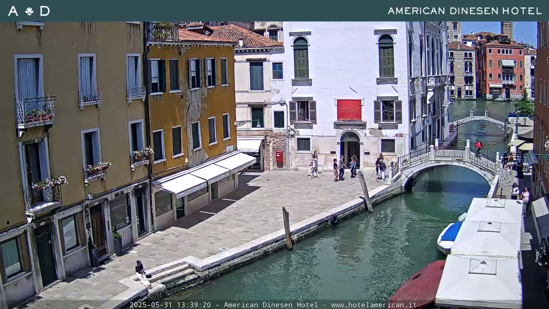 A sunny Venetian canal scene shows a bridge, several buildings, and people walking along a paved walkway.