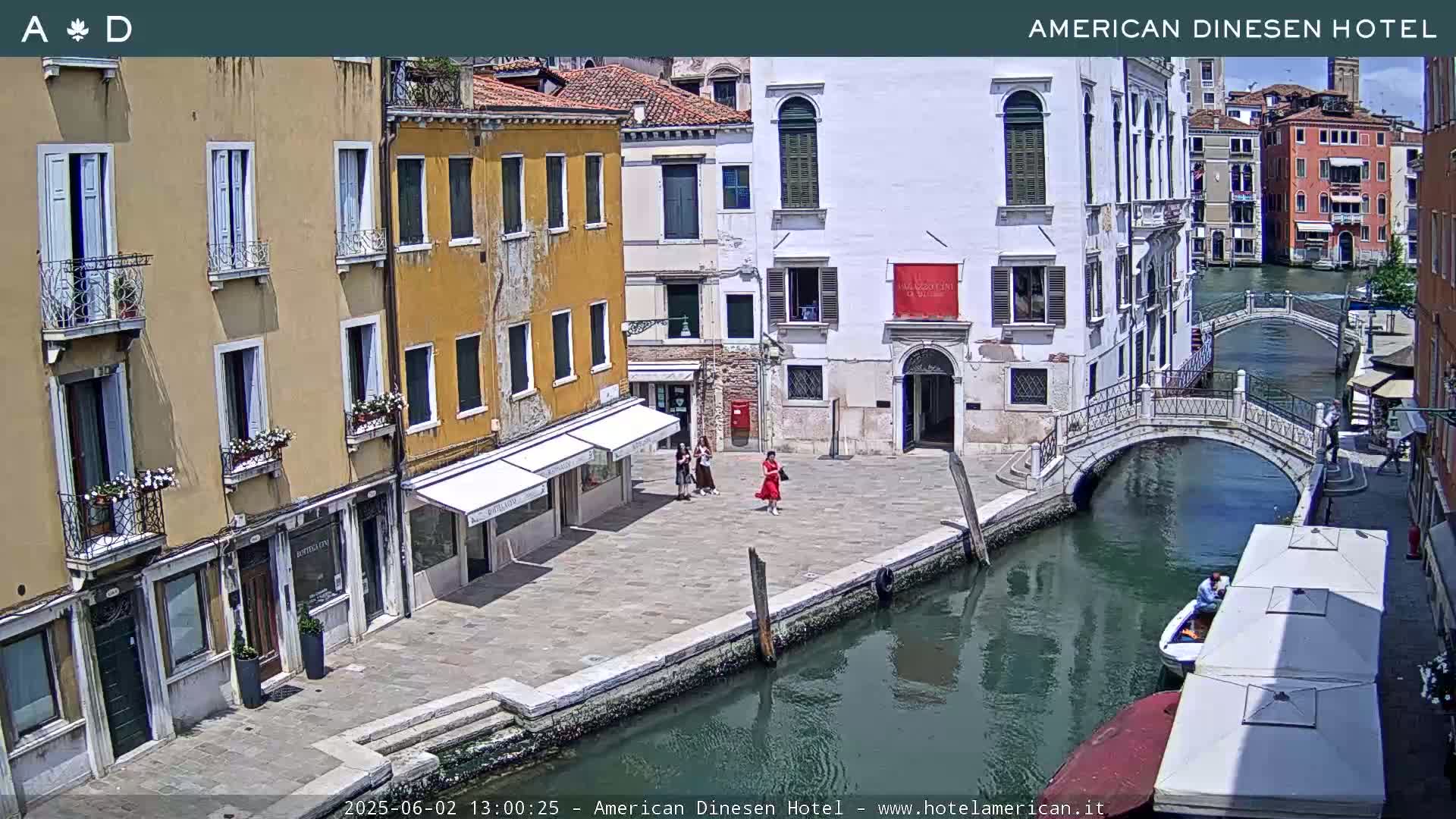A sunny Venetian canal scene shows a stone bridge, several buildings, pedestrians, and a boat with two people.