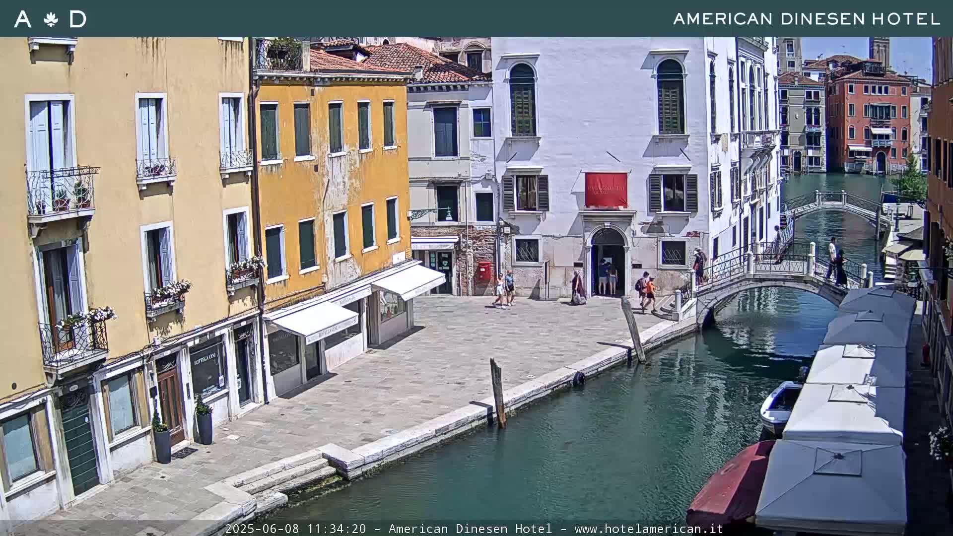 A sunny view of a canal in Venice, Italy, showing colorful buildings, pedestrians, a small bridge, and boats.