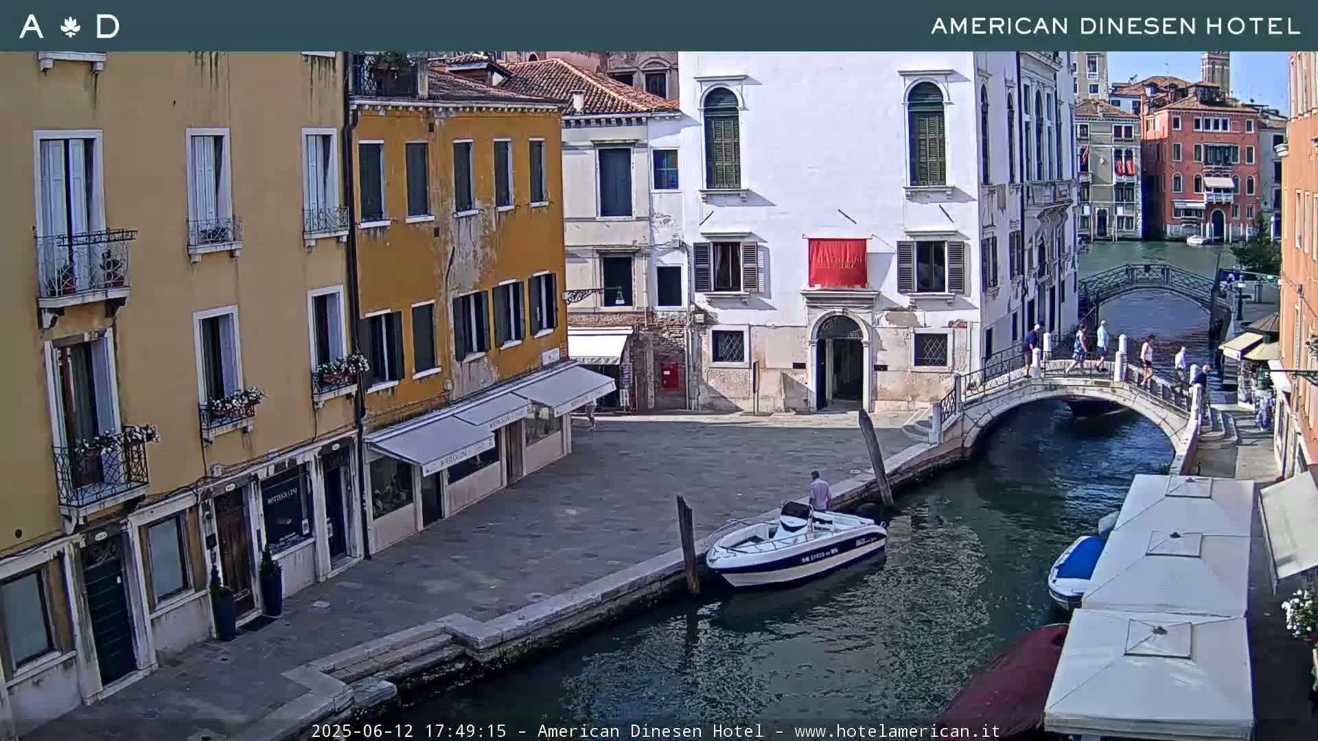 A sunny Venetian canal scene shows several buildings, a small bridge with pedestrians, and a motorboat moored alongside a canal-side walkway.