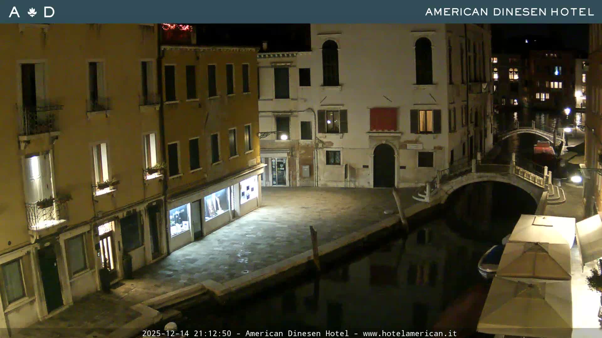 A scenic view of a Venetian canal on an overcast day features colorful historic buildings lining a waterway with several boats, two arched bridges, and a few pedestrians.