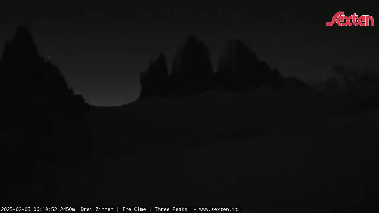 A nighttime, low-light image shows the silhouettes of several mountain peaks against a dark sky.