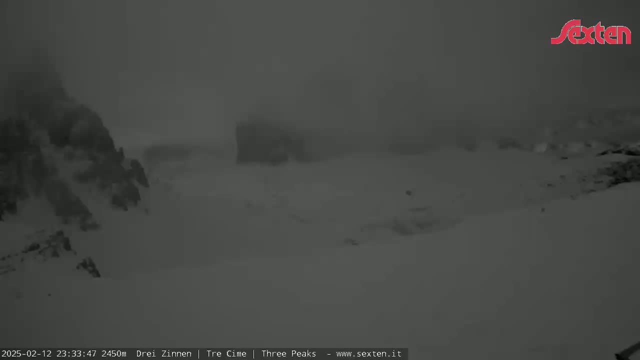 A snow-covered landscape is visible through a heavy snowstorm.