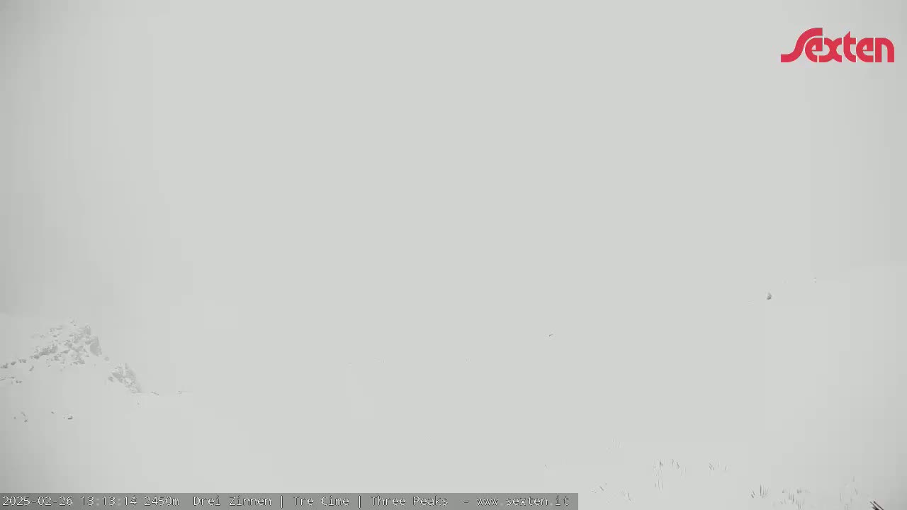 A snow-covered landscape is barely visible through a heavy, white fog.