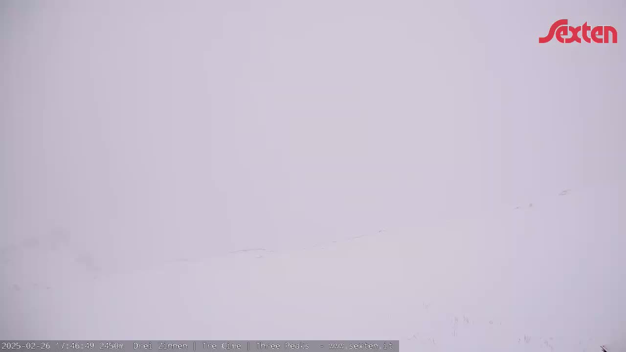 A snow-covered landscape is barely visible in heavy fog.