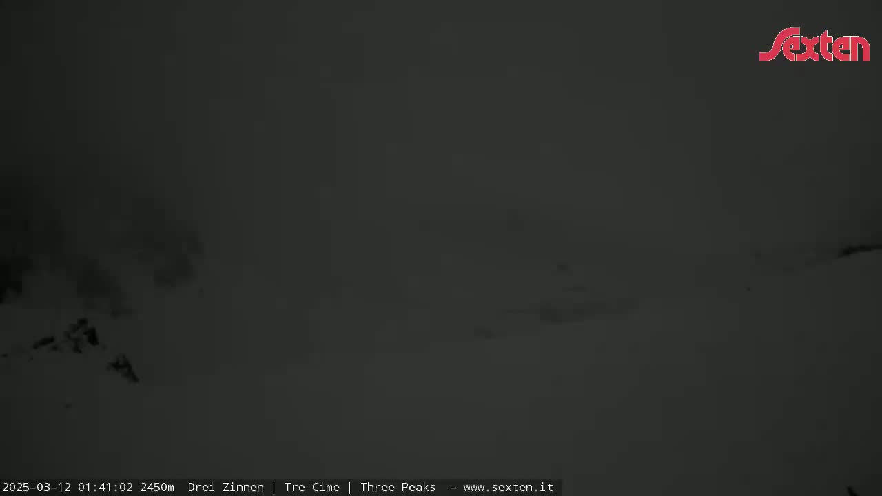 A dark, blurry image shows a snowy landscape under heavy overcast conditions.