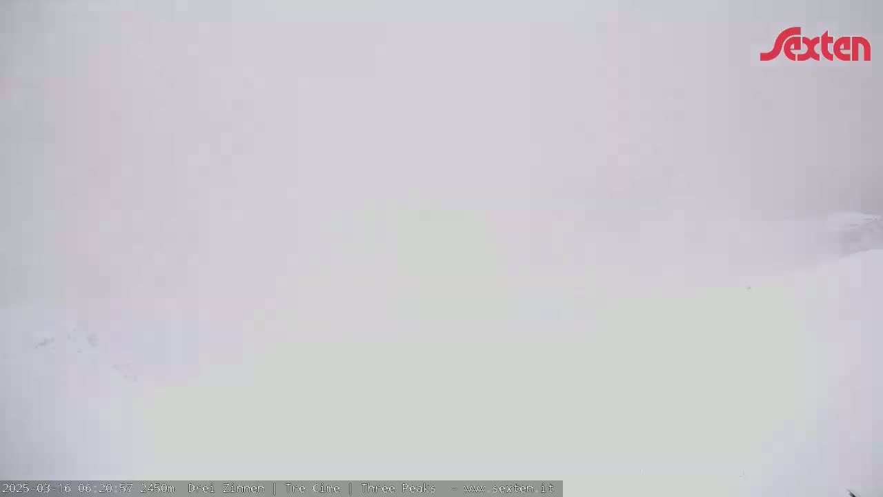 A snow-covered landscape is barely visible through a heavy, white fog or blizzard.