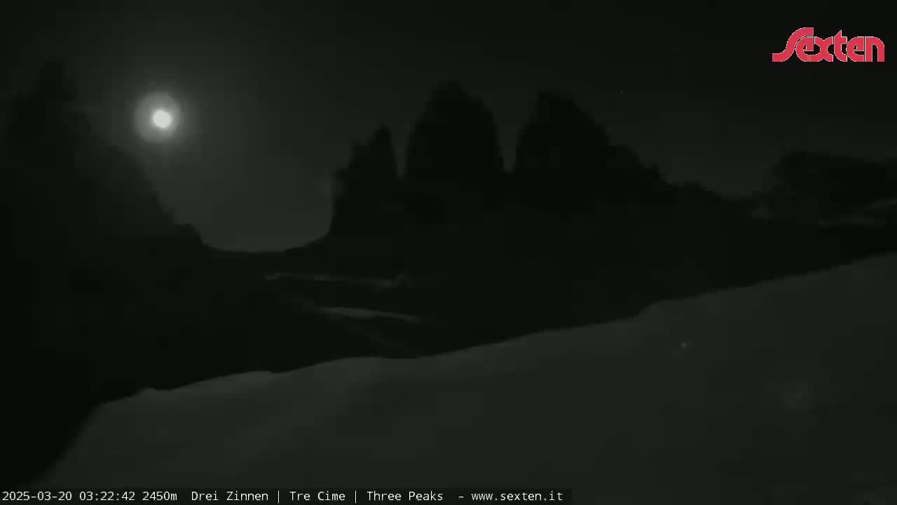 A bright moon illuminates a dark, snow-covered landscape featuring several silhouetted mountain peaks in the distance under a clear night sky.