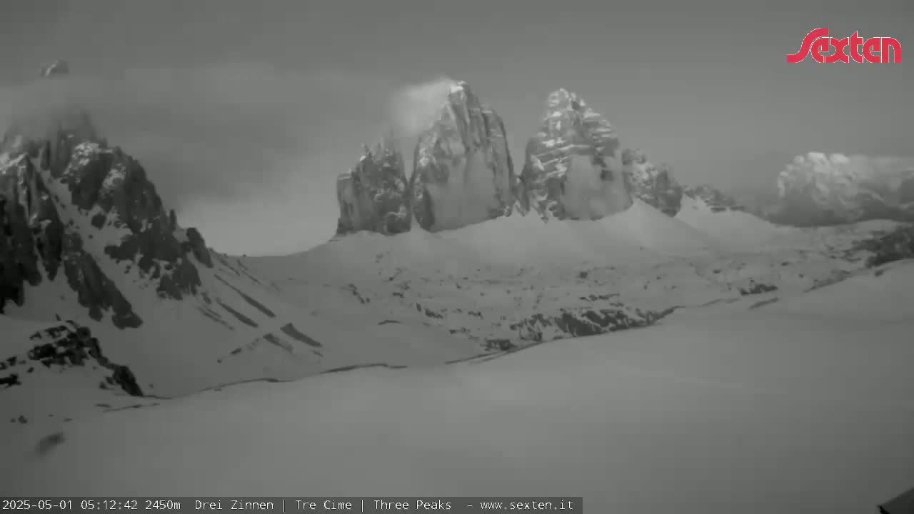 A snow-covered mountain range with several prominent peaks is visible under an overcast sky, with some blowing snow near the summits.