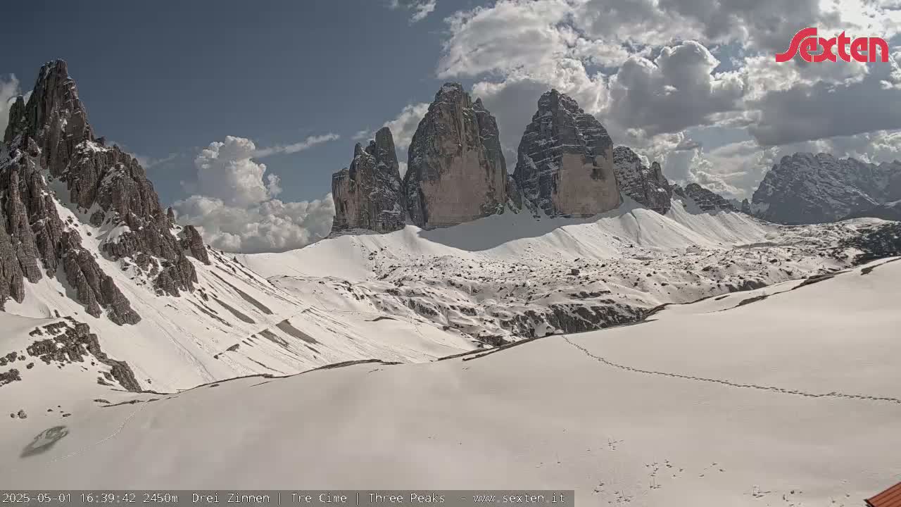 A snow-covered mountain valley with a set of prominent, rocky peaks under a partly cloudy sky.