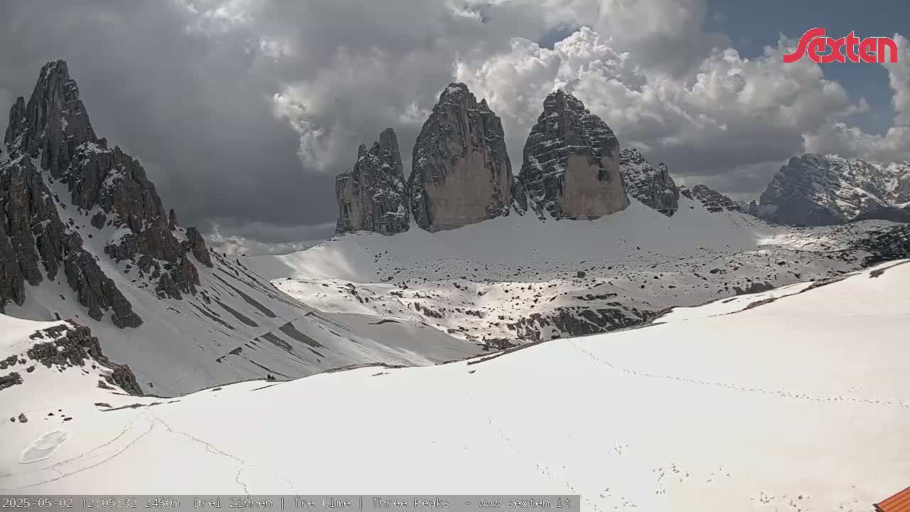 A snow-covered mountain valley with several tall, rocky peaks under a partly cloudy sky.