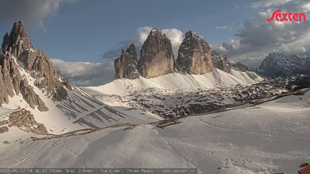 A snow-covered mountain valley is viewed, with a range of jagged, rocky peaks rising in the background under a partly cloudy sky.