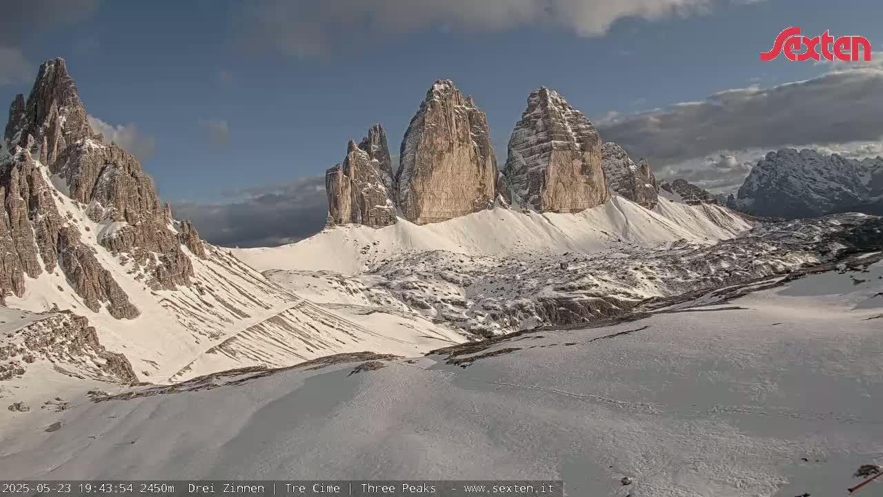 A snow-covered mountain range with three prominent peaks under a partly cloudy sky.