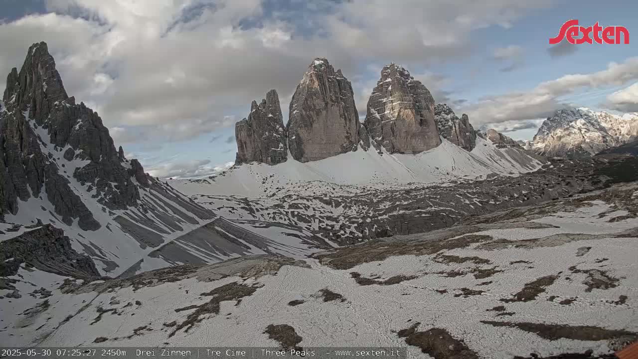 A snow-dusted mountain valley shows several towering, rocky peaks under a partly cloudy sky.