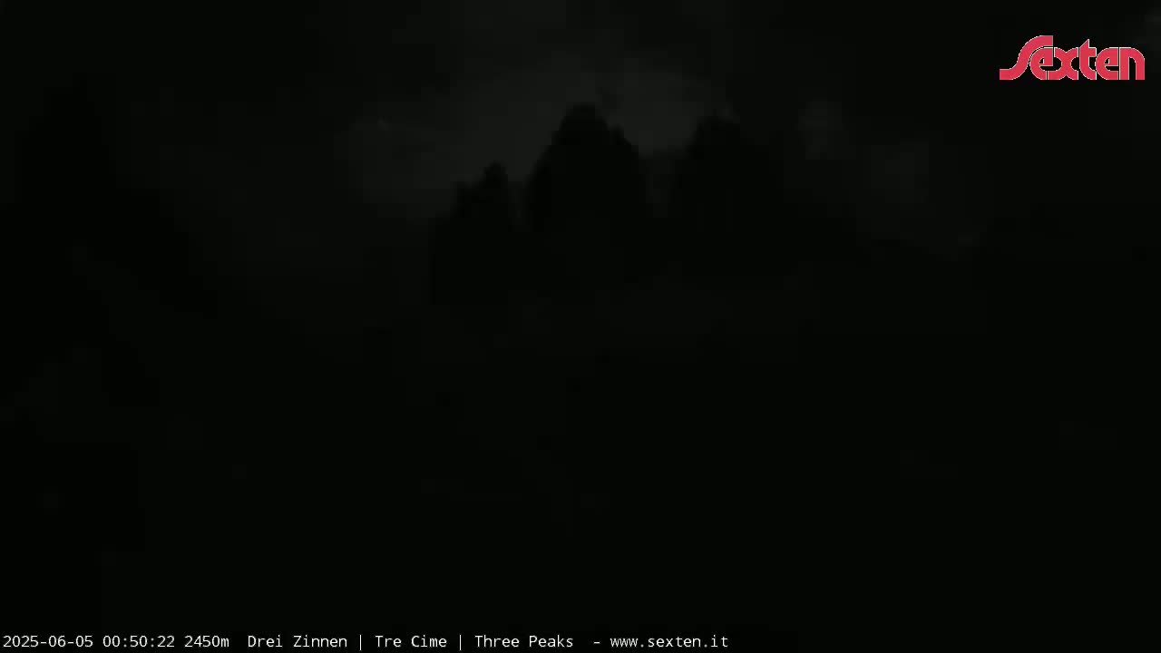 A dark, nighttime scene shows indistinct, silhouetted shapes of mountains or trees under a cloudy sky.