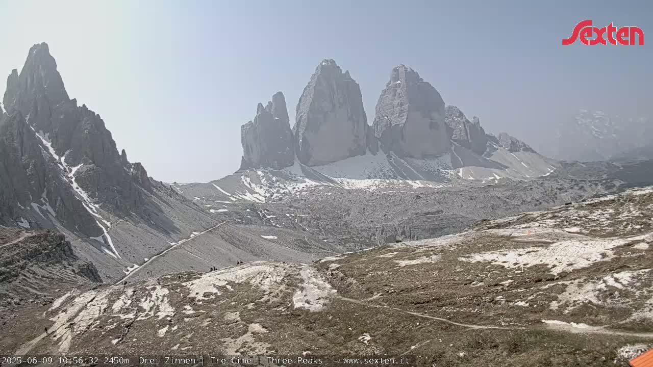 A high-angle view shows a rocky mountain landscape with several prominent peaks, some snow patches, and a few figures of people, under a hazy, bright sky.