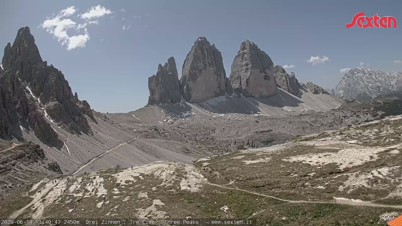 A high-angle view shows several prominent, rocky mountain peaks under a mostly sunny sky with a few scattered clouds, and a sparsely vegetated valley below with trails winding through it.