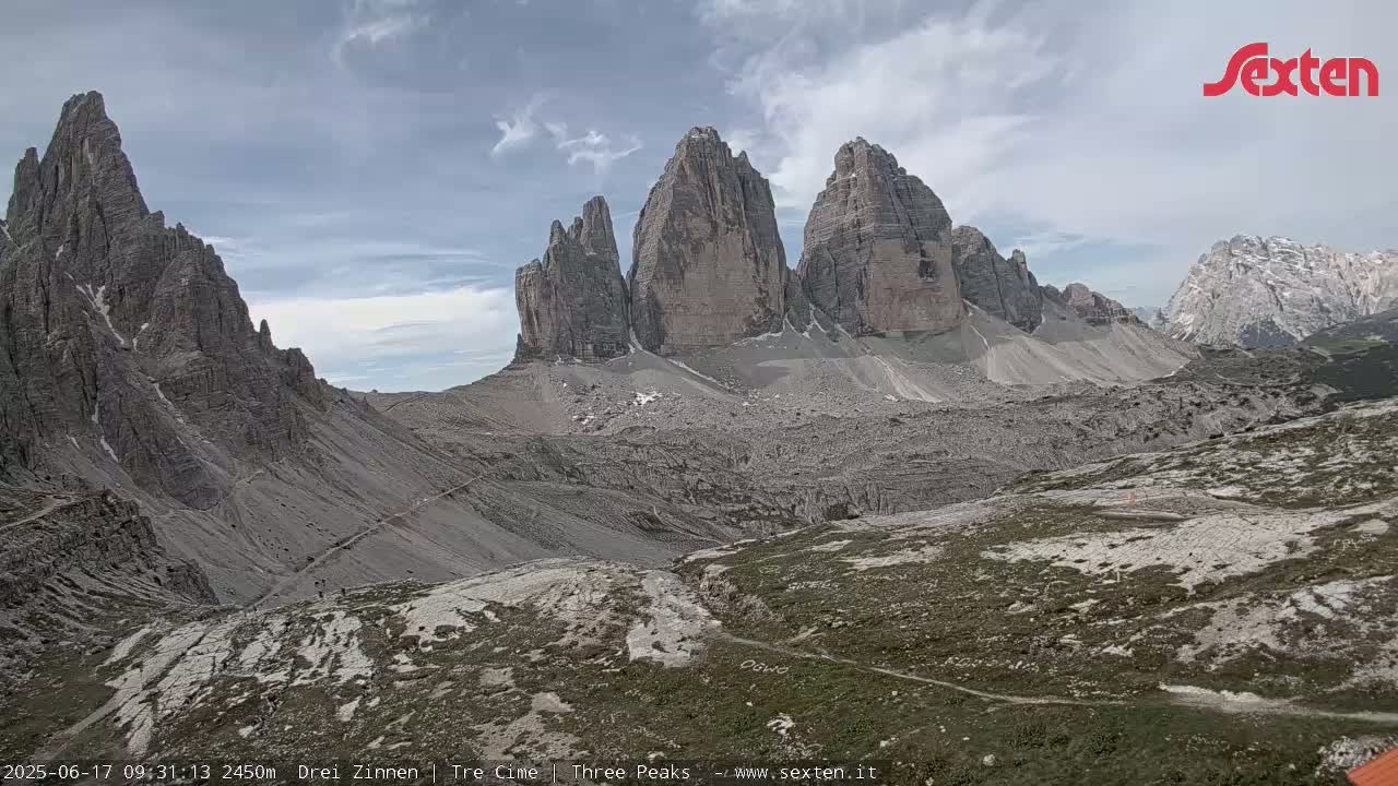 A high-angle view of a rocky mountain range under a partly cloudy sky shows several prominent peaks and a sparsely vegetated valley.