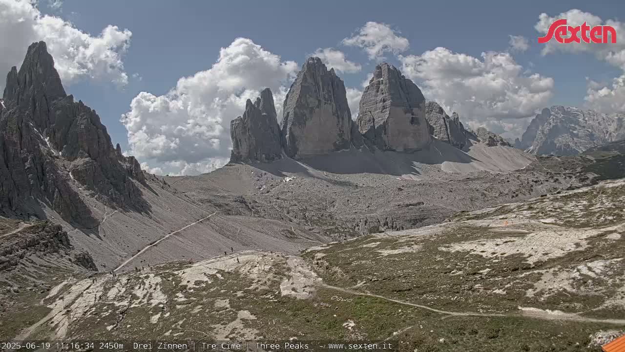 A high-angle view shows a rocky, mountainous landscape under a partly cloudy sky, with several people visible on a trail leading toward a prominent group of three tall, jagged peaks.