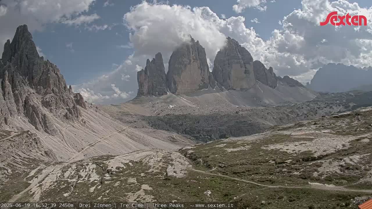 A mountainous landscape under a partly cloudy sky shows several tall, rocky peaks and a valley with sparse vegetation.