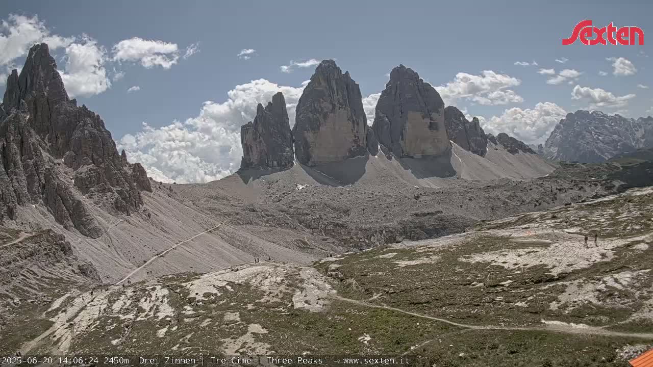 A mountain valley with several prominent, rocky peaks under a partly cloudy sky.