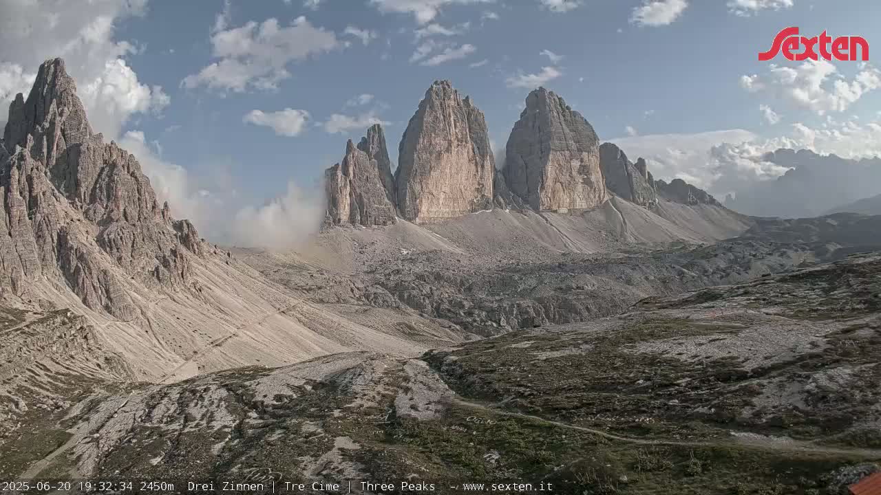 A partly cloudy day reveals a mountainous landscape with several tall, light-grey, rocky peaks, and a valley below them with patches of sparse vegetation.
