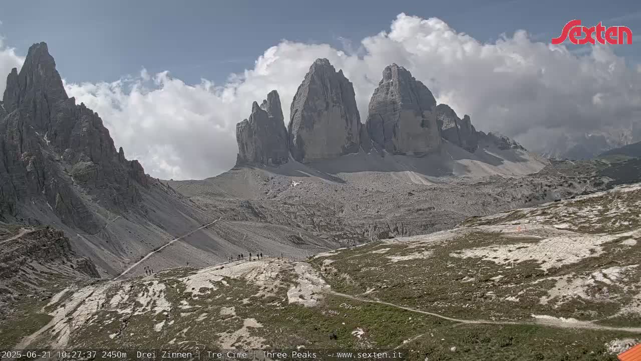 A high-angle view shows a rocky mountain landscape with several prominent peaks under partly cloudy skies, and a few hikers are visible on a trail in the foreground.