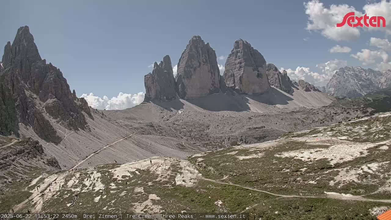 A high-angle view shows several towering, light gray rock formations under a partly cloudy, sunny sky, with trails winding through the rocky, sparsely vegetated landscape below.