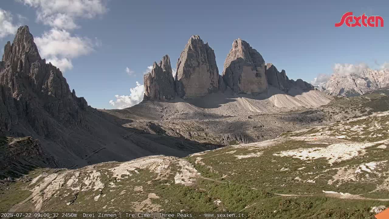 A rocky, mountainous landscape under a partly cloudy sky shows several tall, jagged peaks in the background.
