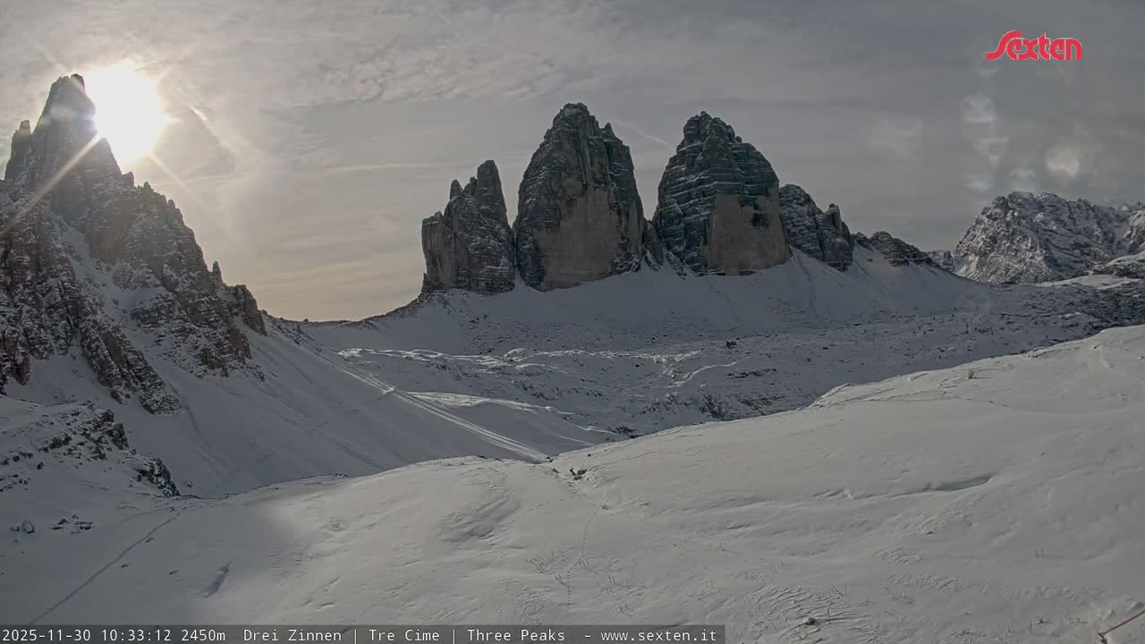 A panoramic view of the snow-covered Drei Zinnen mountain range features jagged peaks under a partly cloudy sky with bright sunlight, revealing tracks in the foreground.