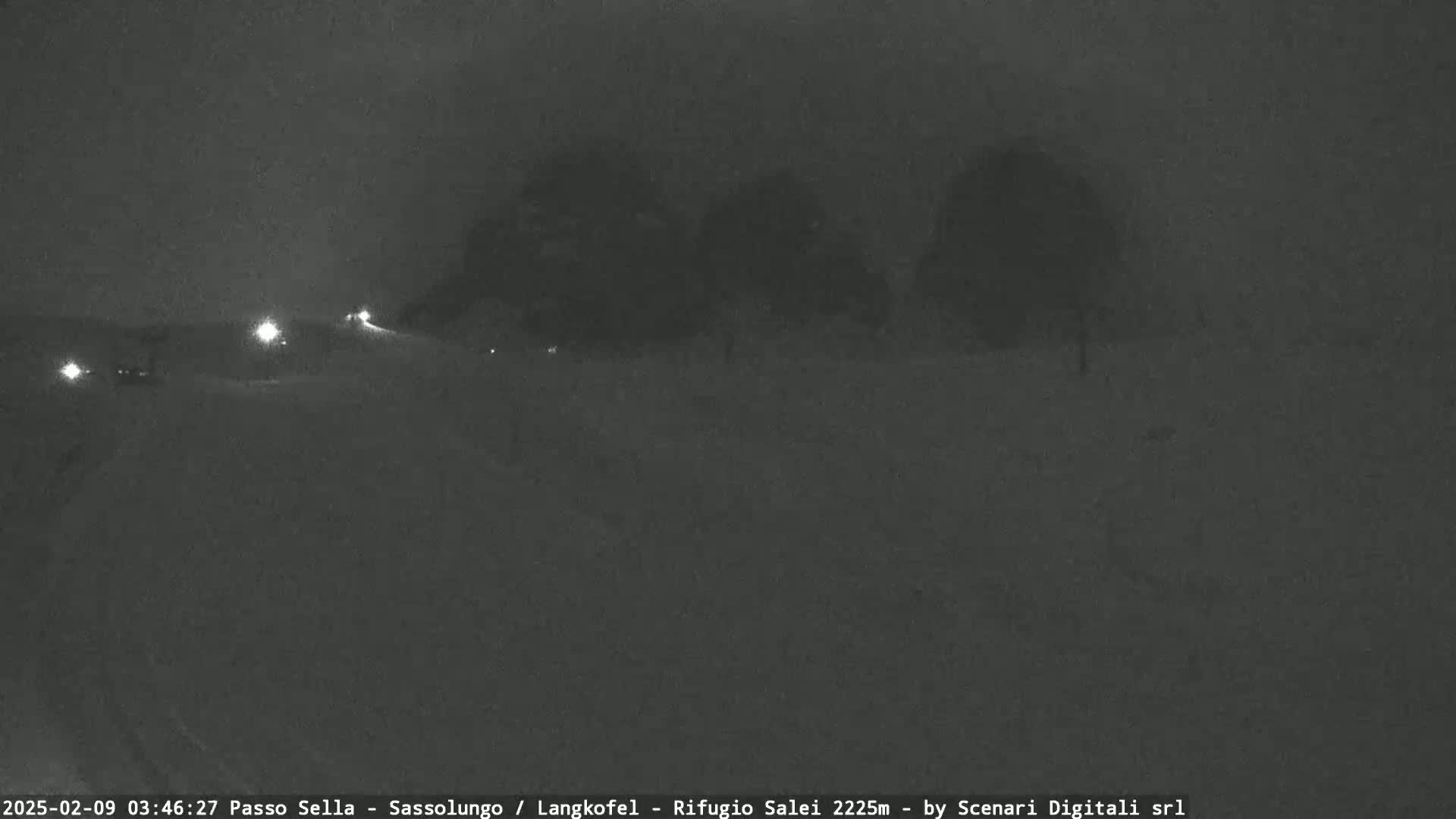 A nighttime, snowy scene shows a road with a few headlights visible in the distance, and dark trees in the foreground under a dark, overcast sky.