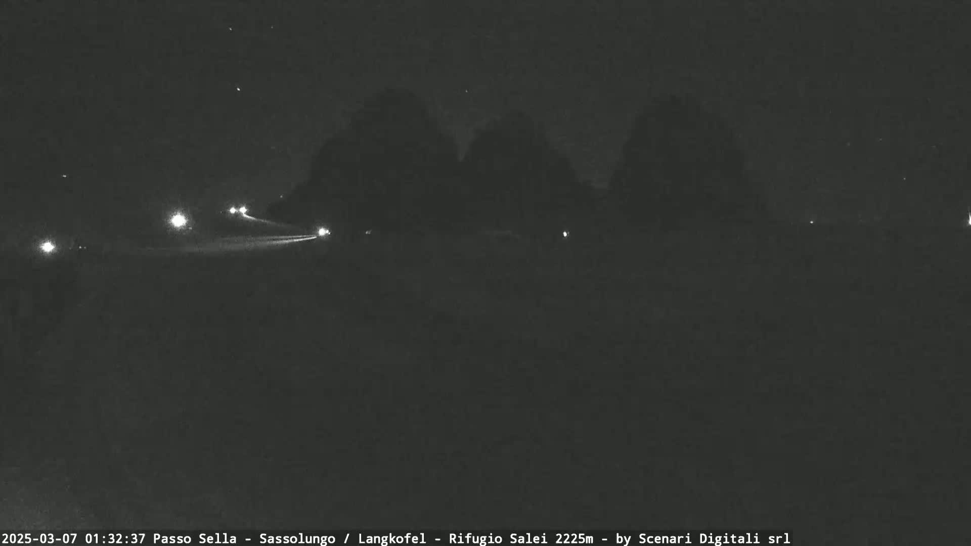 A nighttime, low-light view of a road with a few vehicles driving past dark trees under a clear, starry sky.