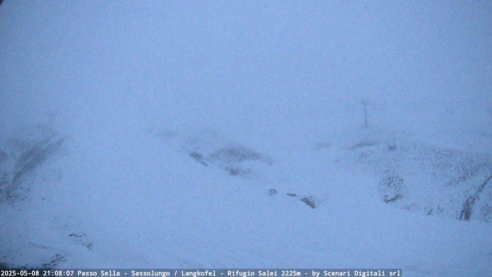 A snow-covered landscape is visible under hazy, snowy conditions.