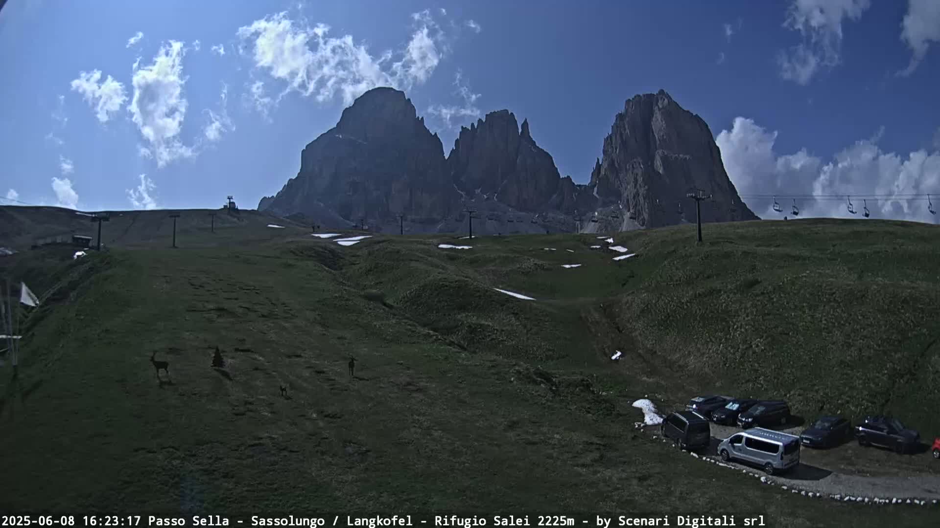 A mountain landscape under a partly cloudy sky shows several jagged peaks, a grassy hillside with scattered snow patches, a chairlift, and several parked vehicles.