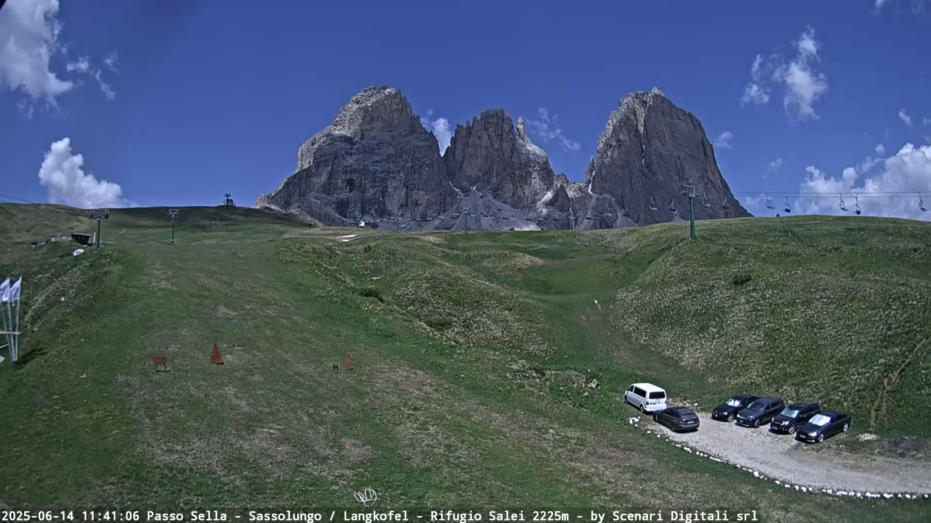 A grassy mountainside with a chairlift and several parked cars sits beneath a clear blue sky and puffy white clouds, with tall, rocky mountains in the background.