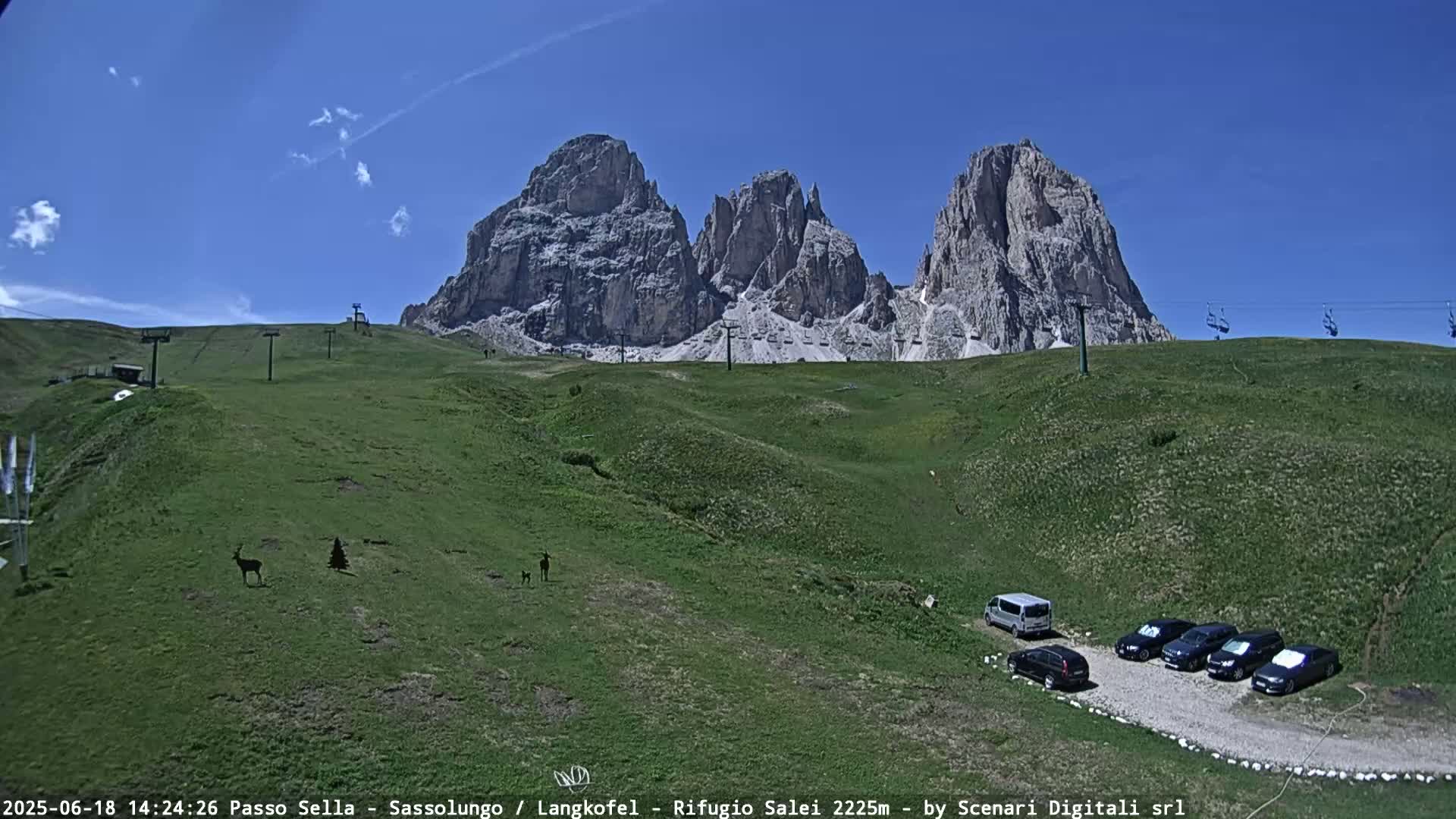 A grassy hillside with several chairlifts and a parking lot of cars sits below a range of jagged, light-grey mountains under a clear blue sky.