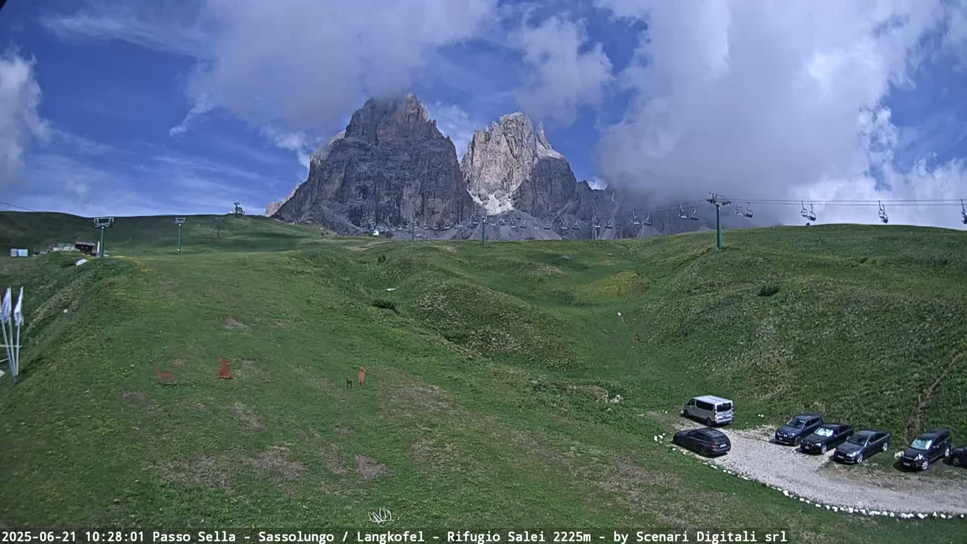 A grassy mountainside with a chairlift and several parked cars is shown under partly cloudy skies, with large, rocky mountains in the background.