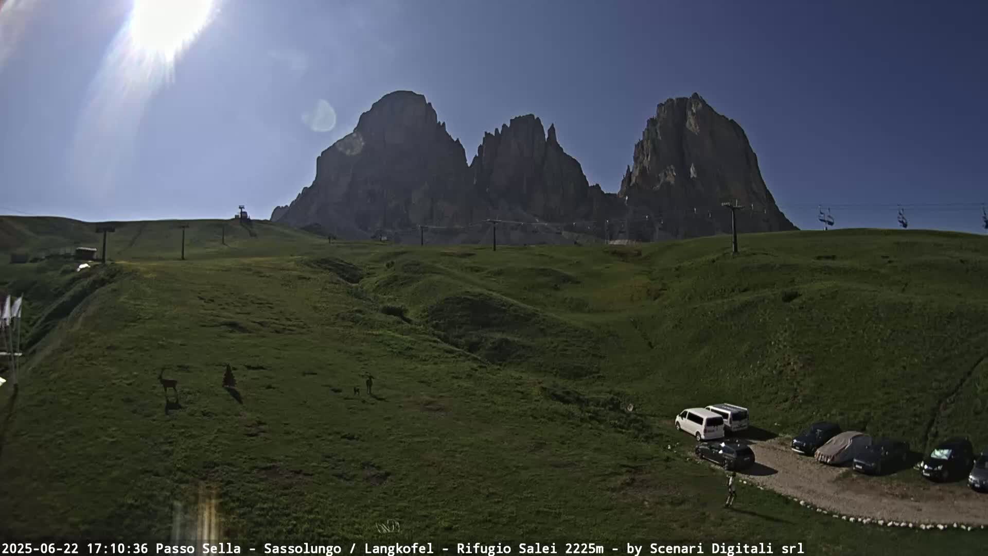 A sunny day reveals a grassy hillside with a few vehicles parked near a mountain range, featuring chairlifts and some wildlife visible in the distance.
