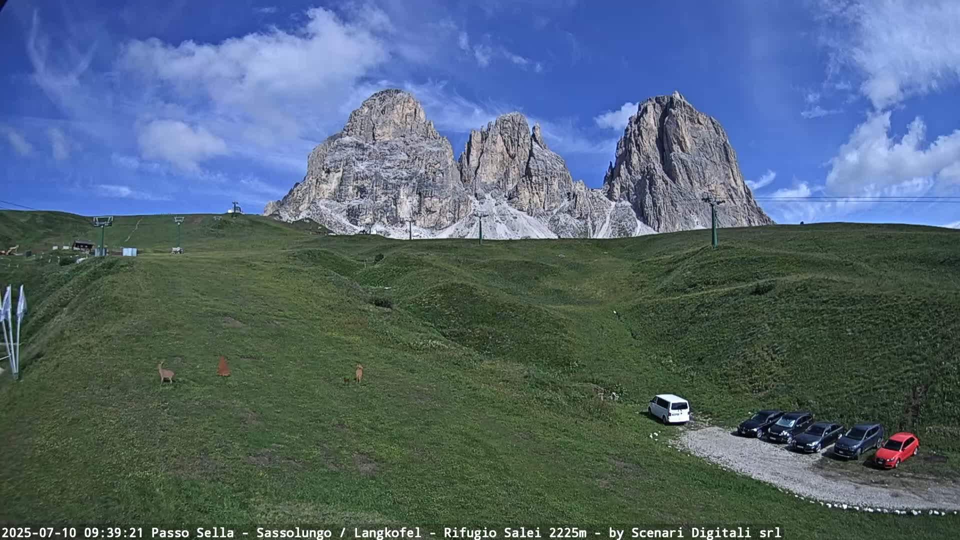 A grassy mountainside with several cars parked near a small building, overlooking a range of towering, light-grey rock formations under a mostly sunny sky.